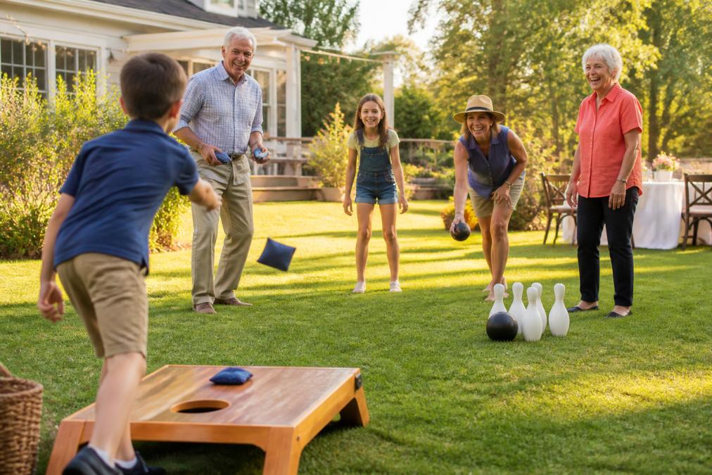 Multigenerational family laughing while playing outdoor party games like cornhole and lawn bowling in a sunny backyard